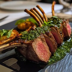 Canvas Print - Closeup of roasted lamb chops with green sauce and potato wedges.