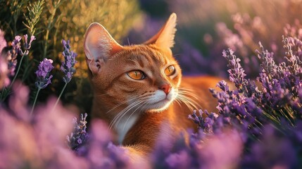 Wall Mural - A serene orange cat resting among vibrant lavender flowers in a tranquil setting.