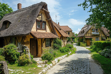 Canvas Print - Quaint village with thatched roof cottages, showcasing charming architecture and picturesque cobblestone path. lush greenery adds to serene atmosphere