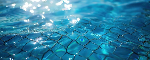 A close-up of shimmering blue water with a net pattern, capturing a refreshing and calming aquatic atmosphere. Free copy space for banner.