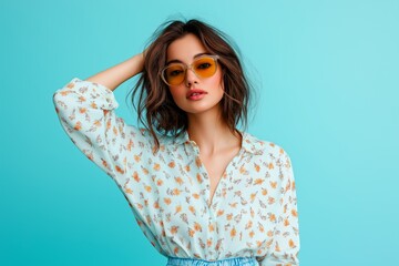 Wall Mural - A woman wearing a floral shirt and blue jeans is posing for a photo. She is wearing yellow sunglasses and has her hair up. The image has a bright and cheerful mood, with the woman's outfit