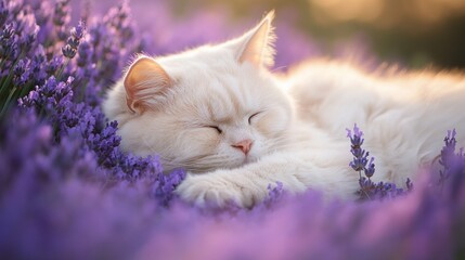 Wall Mural - A serene white cat sleeps peacefully among blooming lavender flowers.