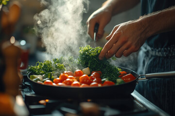 Young man happily cooks a vegan meal in his kitchen, surrounded by fresh vegetables, radiating joy as he focuses on his creation