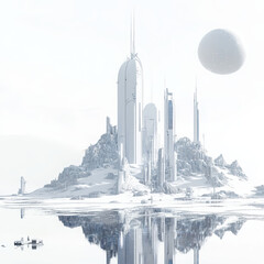 futuristic city landscape architecture nature sci-fi white mountain reflection minimalism skyline planet digital art utopia fantasy abstract serene igloo space towers tranquil 