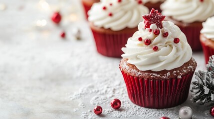 Sticker - Festive red velvet cupcakes topped with swirled frosting and holiday decorations on a winter-themed table