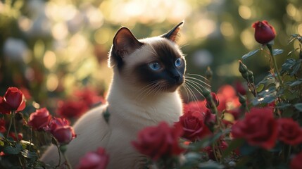 Wall Mural - A Siamese cat resting among vibrant red roses in a sunlit garden.