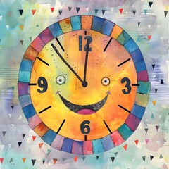 Vibrant Watercolor Clock Face with Joyful Grin and Playful Geometric Backdrop