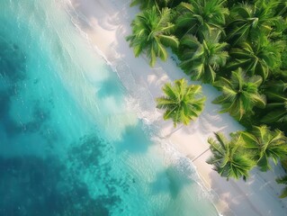 aerial view of pristine tropical beach with swaying palm trees turquoise waters meet powdery white sand in striking contrast birdseye perspective showcases natural beauty of coastline