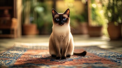 Wall Mural - A Siamese cat sits elegantly on a colorful rug in a sunlit indoor space.