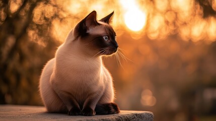 Wall Mural - A Siamese cat sits gracefully against a warm, glowing sunset backdrop.