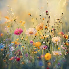 Poster - Colorful wildflowers in a field with soft light shining through.