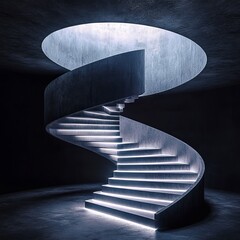 Sticker - Concrete spiral staircase illuminated by light under the steps in a dark room.