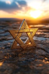 Wall Mural - Golden star of david standing on rock at sunset