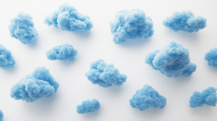 Soft, fluffy blue clouds scattered across a white surface during a bright daytime setting