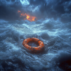 Wall Mural - A life preserver is floating in the ocean