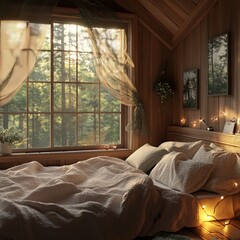 Poster - Cozy bedroom with a view of the forest through a window.