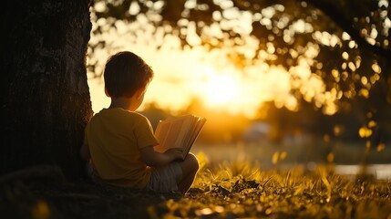 Wall Mural - A young child enjoys a book while sitting under a tree at sunset in a tranquil outdoor setting