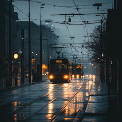 trams street urban city night transport lights public transport roads evening cloudy motion reflections vehicles infrastructure travel cityscape commuting 