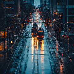 bus city street rain urban traffic lights reflection evening vehicles public transport rainy weather cityscape moody atmosphere wet road downtown modern architecture 