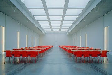 Wall Mural - A large room with many red chairs and tables