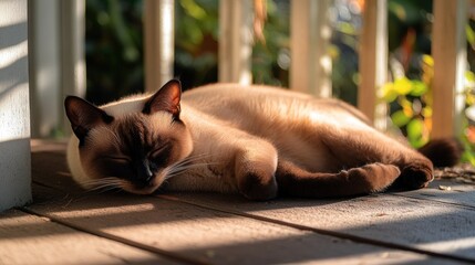 Wall Mural - A sleeping cat basking in sunlight on a wooden porch.