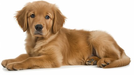 Wall Mural - Adorable Golden Retriever Puppy, Lying Down and Looking at the Camera, Isolated on White