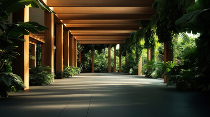 Poster - A modern architectural walkway with wooden beams and lush greenery. The corridor is lined with large plants, creating a seamless blend of indoor and outdoor space.