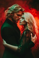 YA paranormal fantasy concept. Blond woman. Strong man. Night with color burst. Mist, smoke, fog. Couple in love. Glowing light. Surreal epic fantasy dystopian love.