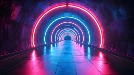 Canvas Print - Futuristic Neon Illuminated Tunnel with Geometric Architecture and Glowing Pathway