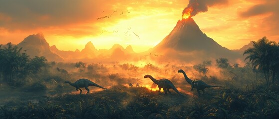 Three dinosaurs are running through a forest near a volcano