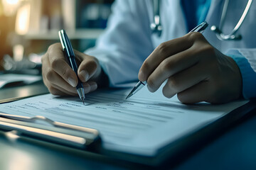 Someone writing medical report clipboard pen