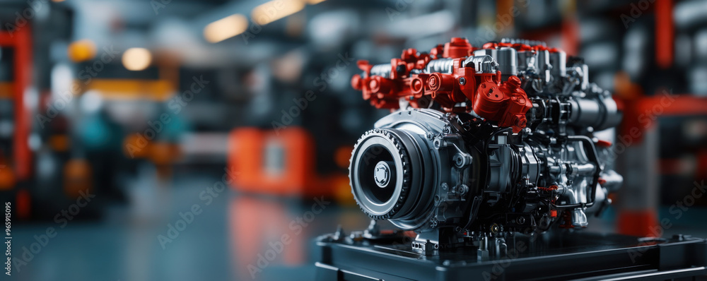 Engine Components Factory View Process A detailed view of an engine component with red accents inside a ...