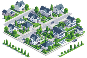 Canvas Print - Isometric Suburban Neighborhood with Houses isolated