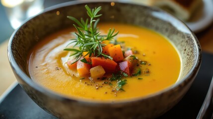 A beautifully presented bowl of farm-fresh organic soup with visible chunks of locally sourced vegetables and herbs