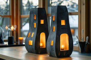 Wall Mural - Two black vases with candles inside, one of which is lit