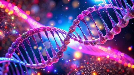 a vibrant dna helix with glowing particles set against a cosmic backdrop signifying advancements in genetic research and biotechnology in scientific and medical fields relevant to european innovations