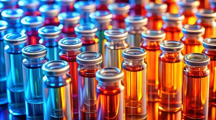 colorful glass vials containing different colored liquids are arranged in rows in a laboratory setting vibrant hues create a visually striking image indicative of scientific research