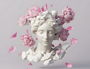 Wall Mural - 3D Ancient woman Statue, white broken stone. Greek,roman goodness style. Head sculpture pink flowers bouquet on gray background. Nature, Peonies, falling petals. Feminine beauty abstract 3D render.