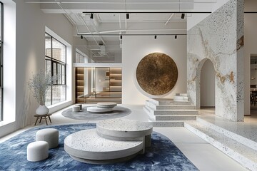 Wall Mural - A white room with a blue rug and a circular table