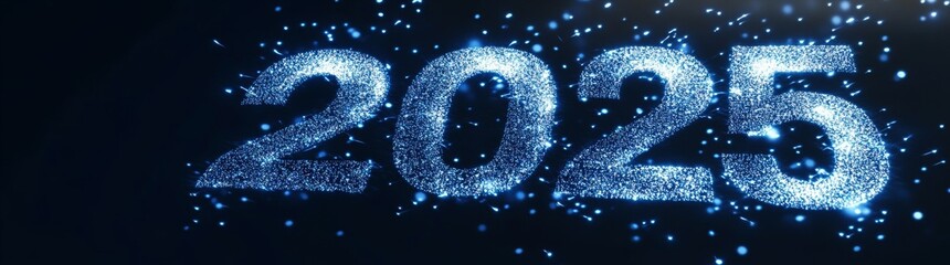 2025 Happy New Year digital web banner template featuring futuristic glowing polygons and dark blue background. Illustration.