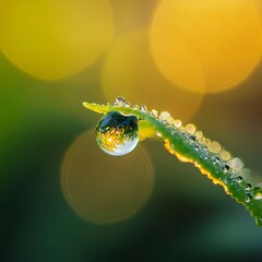 Canvas Print - Dewdrop on a green leaf reflecting a blurred yellow background.