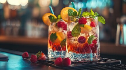 Refreshing cocktails with fruit and mint leaves, beautifully arranged on a bar counter, ready to be served