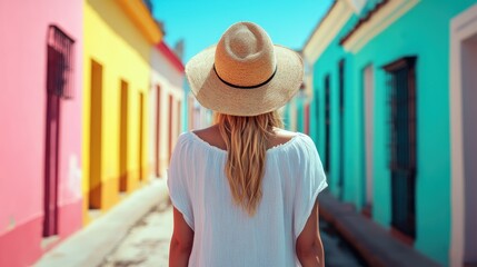 A stylish woman wearing a straw hat and white dress walks through a vibrant, colorful street lined with pastel buildings, capturing a moment of serene summer exploration.