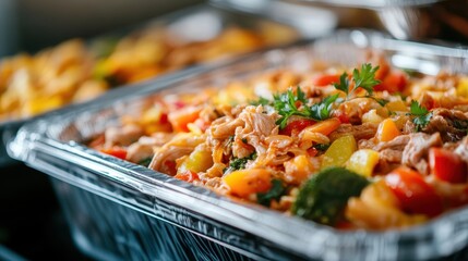 The image shows a close-up of a freshly prepared dish consisting of vegetables and meat in an aluminum tray, garnished with herbs, ready for serving at an event.