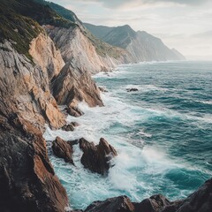 Wall Mural - Dramatic ocean waves crashing against rocky cliffs, creating a stunning natural spectacle.