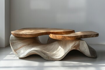 A large, curved table made of wood and concrete