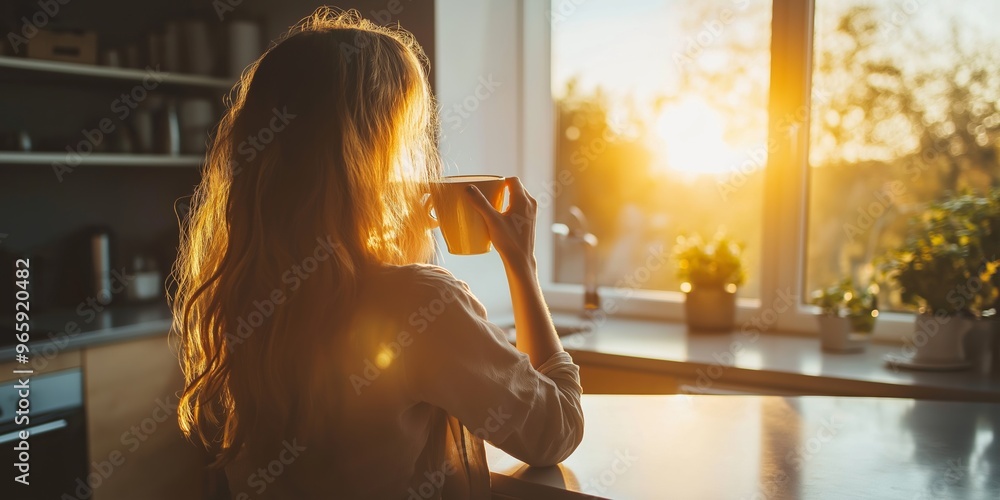 A woman is sitting at a table with a cup of coffee in front of her. She is looking out the window at the sun