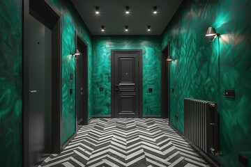 Wall Mural - A hallway with a green wall and black doors