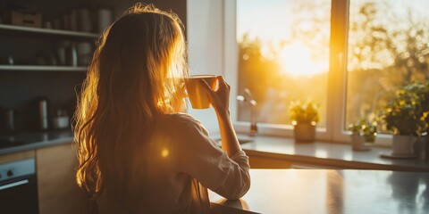 a woman is sitting at a table with a cup of coffee in front of her. she is looking out the window at