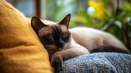 Wall Mural - A sleeping cat rests peacefully on a cozy couch, surrounded by soft pillows and greenery.